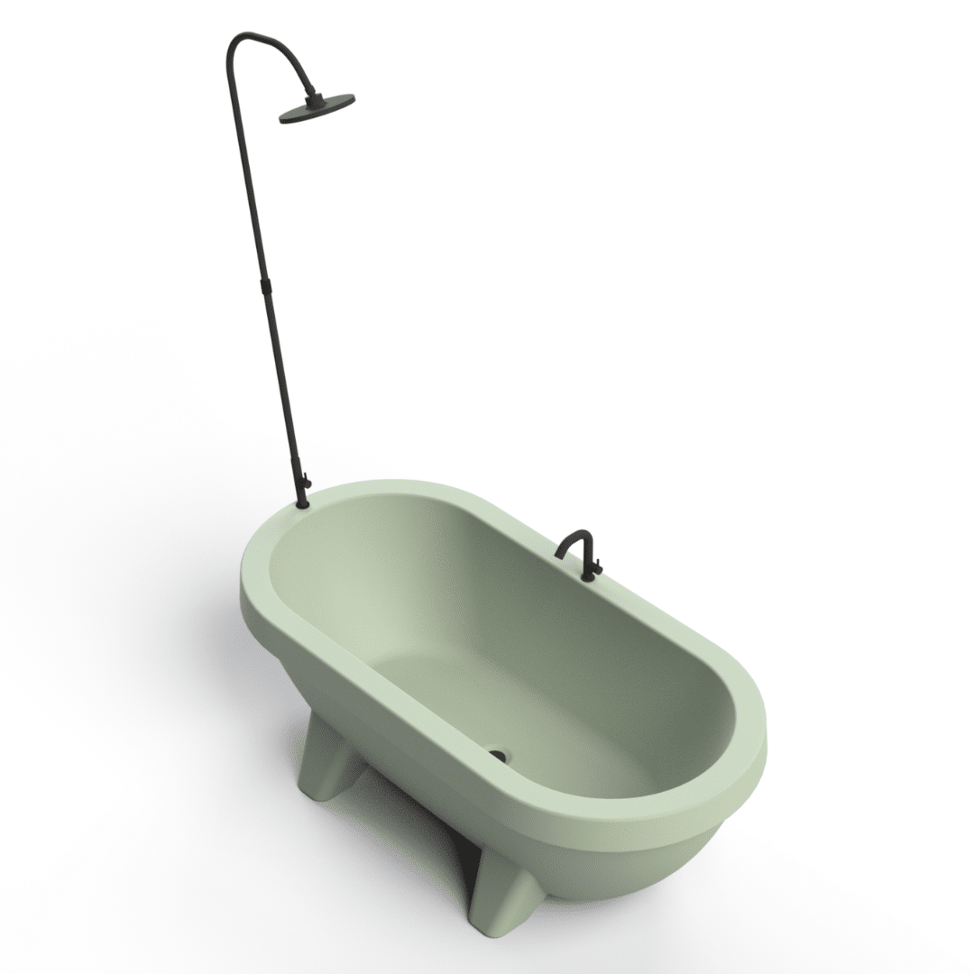 Gardentun lime green met zwarte kraan en zwarte douche