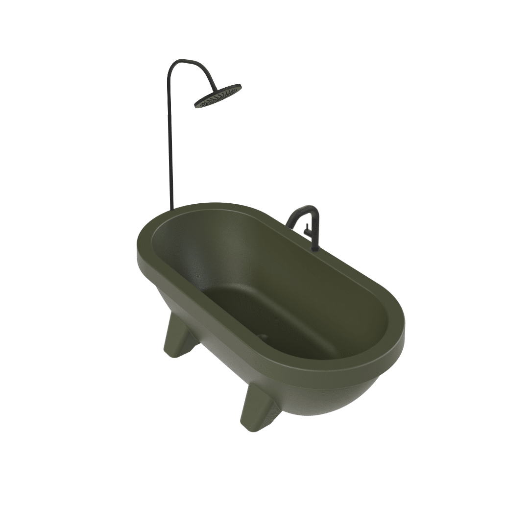 Dark olive green gardentub zwarte kraan en zwarte douche